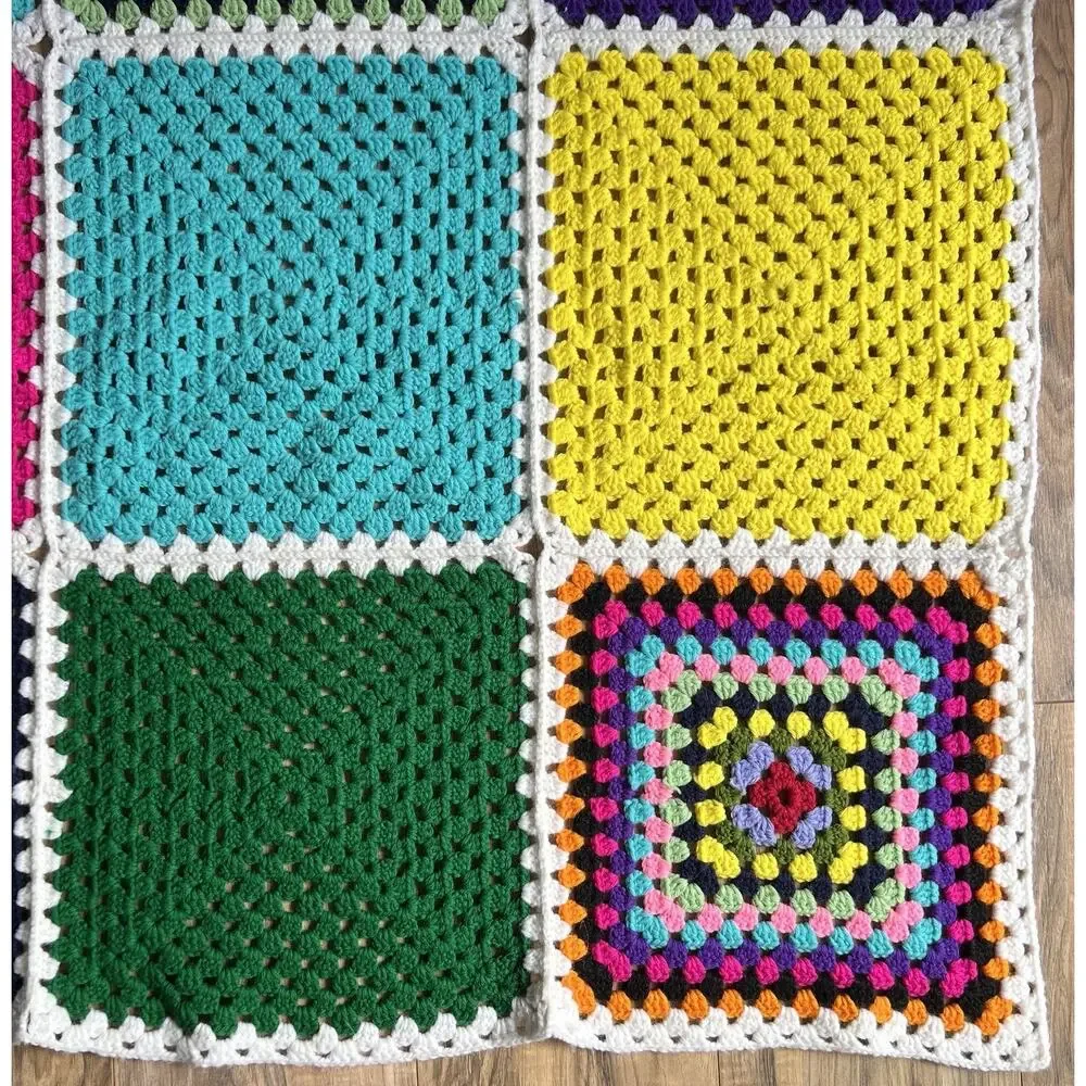 Vtg Crochet Granny Square Roseanne Blanket MultiColored Afghan Throw 66